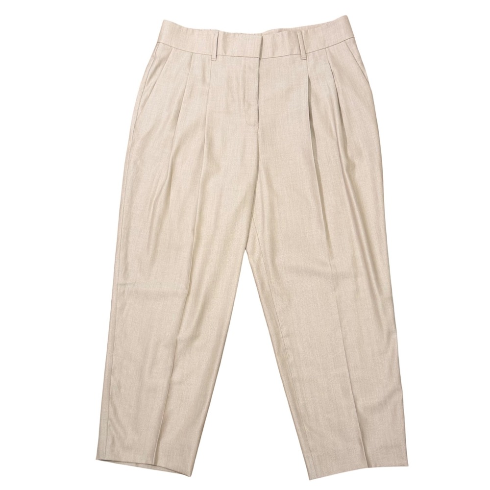 Lafayette 148 Wool Silk Pleated Tan Trousers (14) Tapered High Rise Neutral